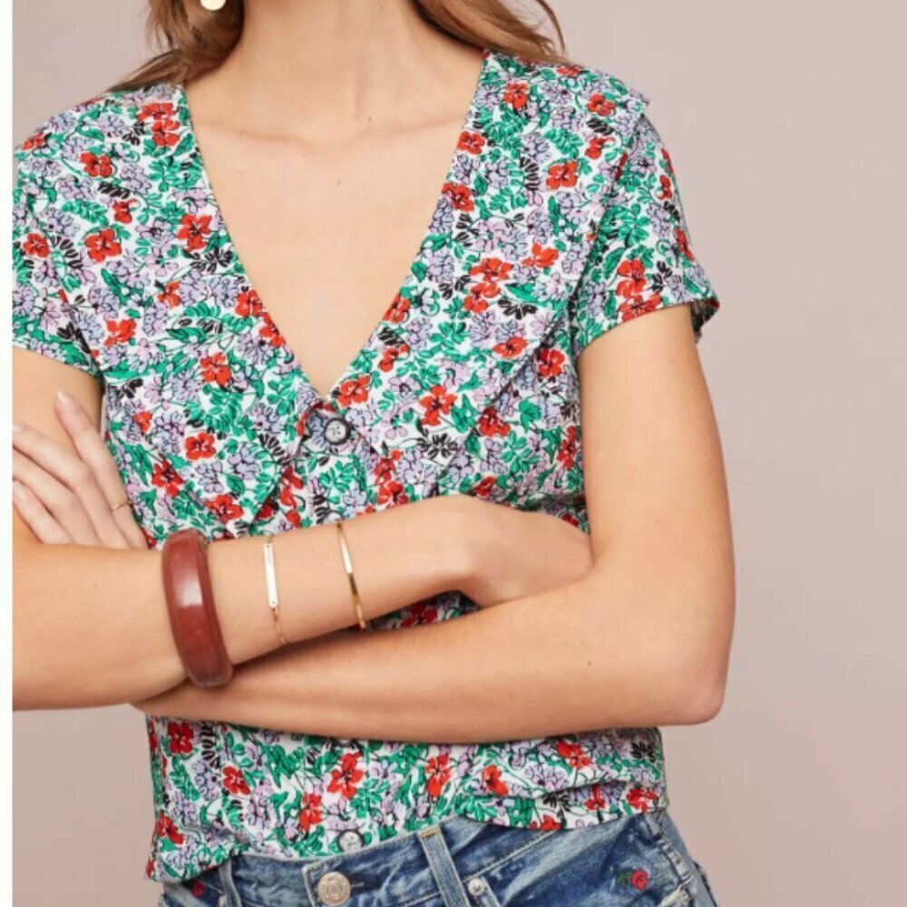 Maeve by Anthropologie Austen Collared Floral Short Sleeve Blouse Womens Size 2